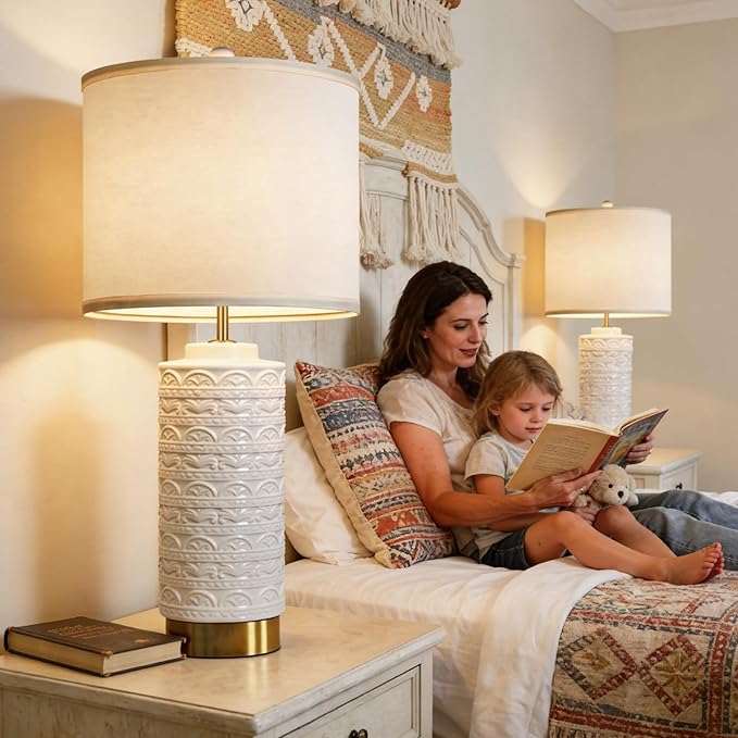 25" H Ceramic Bedside Lamp Set of 2, Boho Nightstand Lamps with Dual USB Ports (A+C), Perfect for Bedroom, Entryway, Hallway and Home Decor