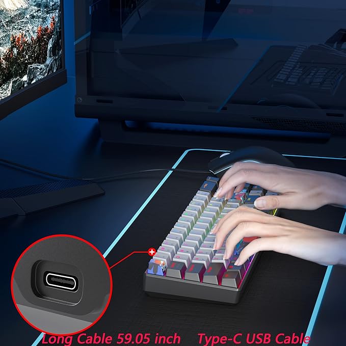 Protable 60% Percent Gaming Keyboard Mechanical, Mini Compact RGB Backlit 68 Keys Wired Office Keyboard with Red Switch for Mac/Win (Dolch/red Switch 68)
