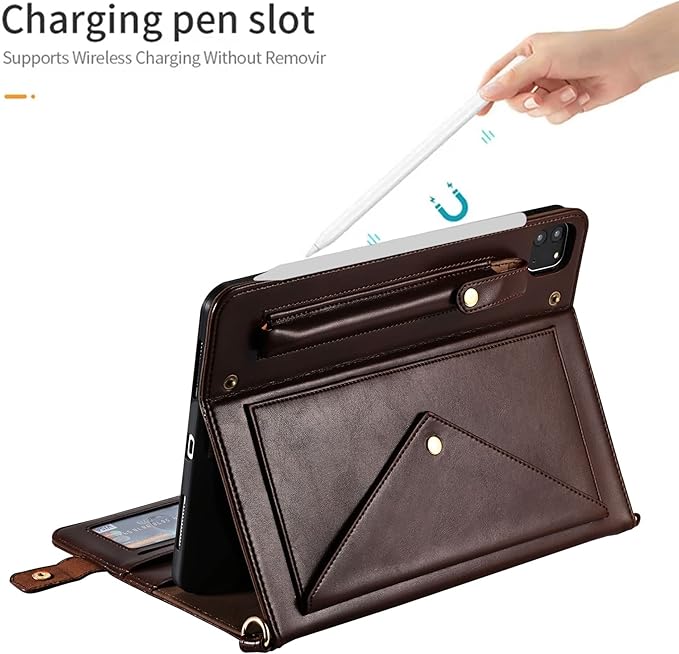 Handbag Case for iPad Pro 11-inch M5 M4 (2025/2024), Techcircle Folio Stand PU Leather Hand Strap Cover Crossbody iPad Case w/Pencil Holder Card Slots Wallet Case, Dark Brown