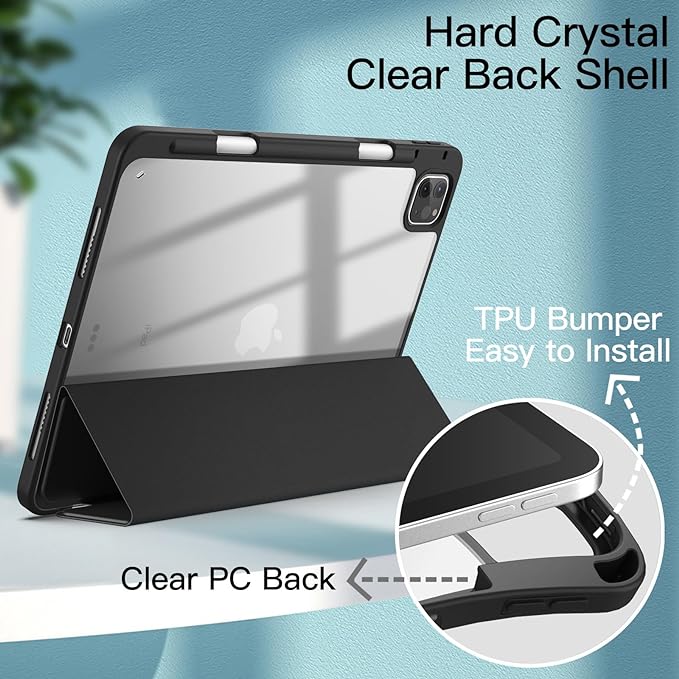 JETech Case ONLY for iPad Pro 11 Inch (2022/2021/2020/2018) with Pencil Holder, Clear Transparent Back Shell Slim Stand Shockproof Tablet Cover, Auto Wake/Sleep (Black)