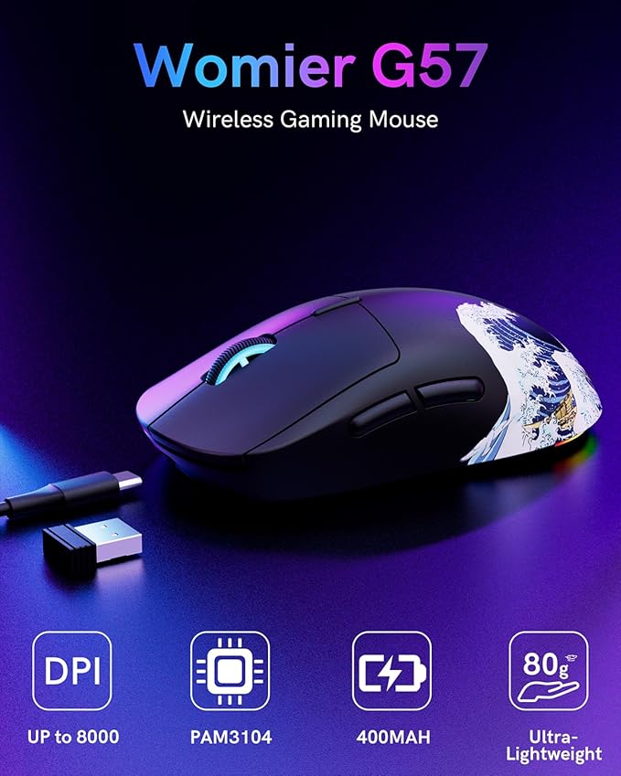 G57 Wireless Gaming Mouse, 8000 DPI, 80g, 2.4G/Bluetooth/USB-C Rechargeable Wireless Mouse with 5 Programmable Buttons for PC/Mac, Black