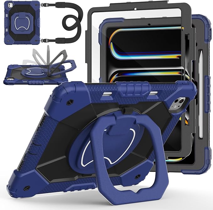 Case for iPad Pro 13 Inch M5 2025/ M4 2024, Ubearkk for iPad Pro 13 Inch case with Screen Protector, 360 Degree Rotating Stand Shoulder Strap Pencil Holder,Military Grade Shockproof, Navy Black