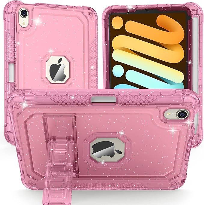 ZoneFoker Case for iPad mini A17 Pro, for iPad mini 7th/6th Generation Case 8.3 inch 2024/2021 with Pencil Holder/Stand, Slim Cover for i Pad Mini 7/6 (Clear Glitter Pink)