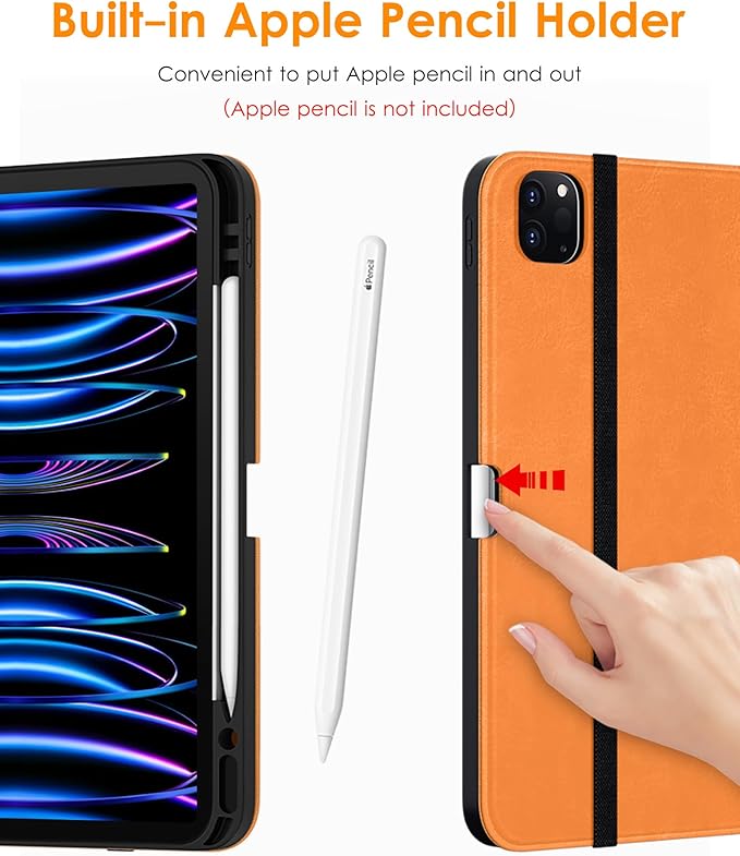 DTTO for iPad Pro 12.9 6th / 5th / 4th / 3rd Generation Case 2022/2021/2020/2018, Leather Folio Stand Cover with Built-in Apple Pencil Holder -Auto Wake/Sleep and Multi Viewing Angles,Orange