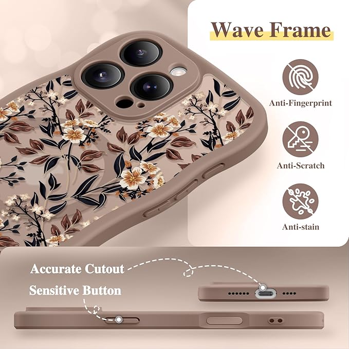 GVIEWIN for iPhone 16 Pro Max Case Compatible with MagSafe [Curly Wave Edge][Full Camera Protection] Floral Translucent Shockproof Magnetic Women Phone Case for 16 Pro Max, Bunchflower/Brown