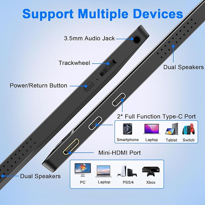 KYY Portable Monitor 14' FHD 1080P - Ultra-Slim Portable Laptop Monitor Computer Display with Type-C HDMI Speakers for Laptop PC Phone Mac PS4 PS5 Xbox Switch