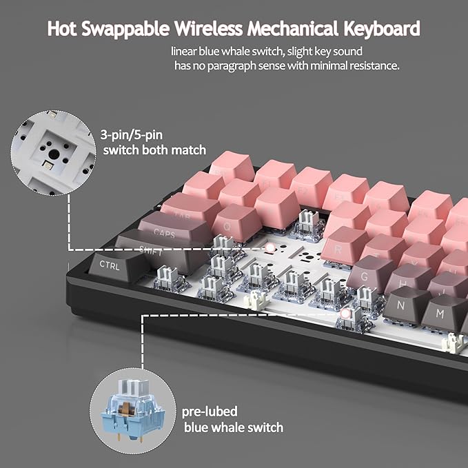 MageGee LIGHT87 Wireless Creamy Keyboard, Gasket Structure, RGB Backlit, 2.4G/USB-C/BT5.0 Hot Swappable Mechanical Gaming Keyboard for Win/Mac/PC, 8000mAh Battery, Side Printed PBT Keycaps, Pink