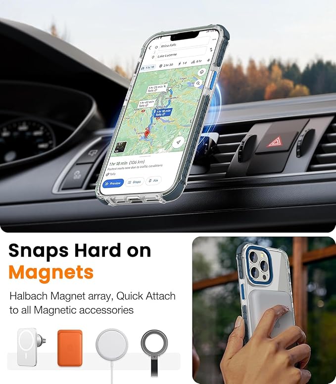 DEERLAMN Strong Magnetic Case for iPhone 13 Pro 6.1-Inch,[Compatible with Magsafe][Military-Grade Protection] Clear Slim Shockproof Protective Phone Cover for Women Men-Transparent+Blue