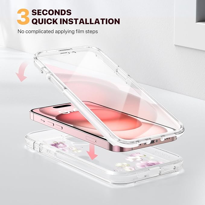Diaclara Designed for iPhone 15 Case, Full Body Rugged Case with Built-in Touch Sensitive Anti-Scratch Screen Protector, with Camera Lens Protector for iPhone 15 6.1" (Peony)