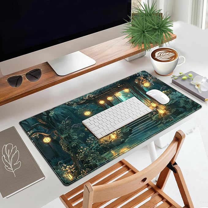 Cozy Anime Mouse Pad- Green Lofi Desk Mat - Cute Desk Decor, XXL-31.5x15.7in- Japanese Aesthetic Keyboard Gaming Mouse Pad-for Desk with Stitched Edges Non-Slip Cozy Office Decor