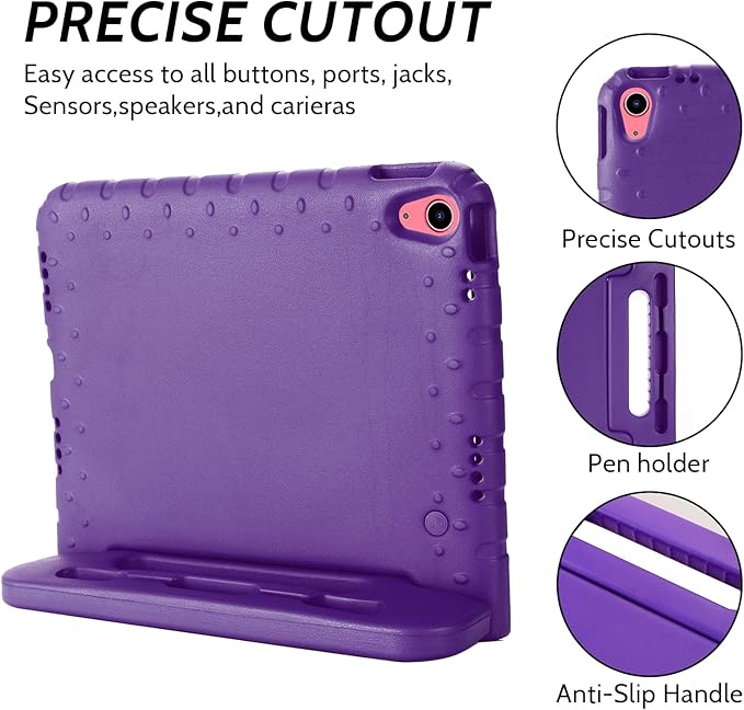 Dteck Kids Case for iPad 10th Gen 10.9 inch with Pencil Holder, Shockproof Rugged EVA Handle Stand, Child Proof, Purple