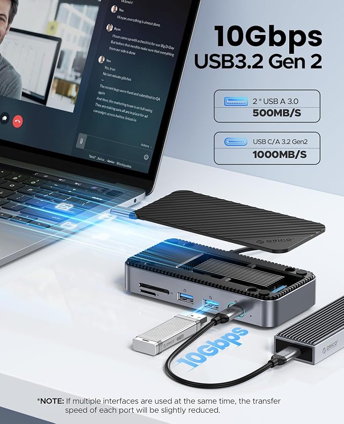 ORICO 10-in-1 USB C HUB with SSD Enclosure Built-in Cooling Fan with NVMe/SATA, HDMI 4K@60Hz,10Gbps/5Gbps USBA/C, Gigabit Ethernet, SD/TF 3.0 Ports, Compatible with Windows/Mac/Dell/HP