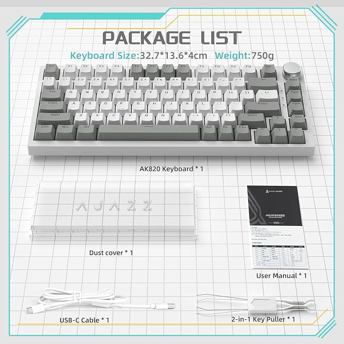 Attack Shark ajazz AK820 75% Mechanical Gaming Keyboard with Knob Hot Swappable Custom Gasket Mounted Keyboard USB-C Wired White LED Linear AS Red Switch for PC/Win/Mac