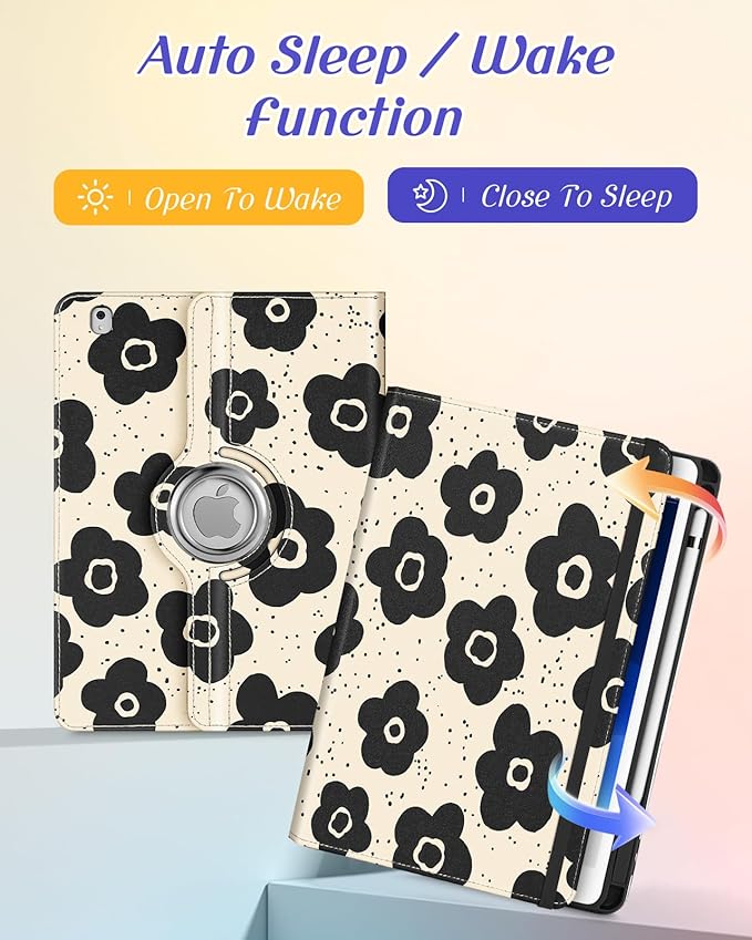Kidcube for iPad Air 3rd Generation Case/Pro 10.5 Inch Case - Women Girls Cute Rotating Stand Folio Cover with Pencil Holder & Card Slot Black Flowers Floral Design Cover for iPad Pro 10.5''/Air 3rd