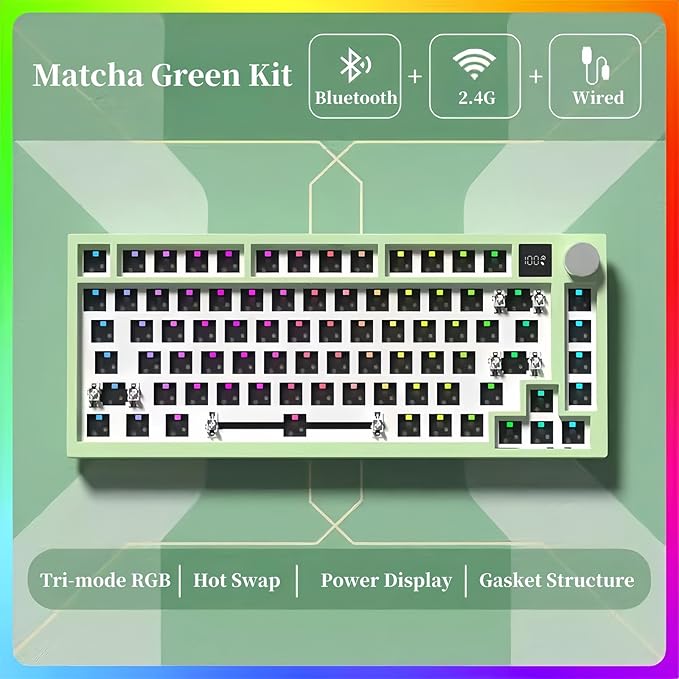 FKZ K75 Barebone Keyboard Kit, 75% Hot Swap Tri-Mode Bluetooth 5.0/2.4G Wireless/Type-C Wired RGB Mechanical Gaming Keyboard DIY Kit with Knob Screen Gasket PCB Mount (Green)