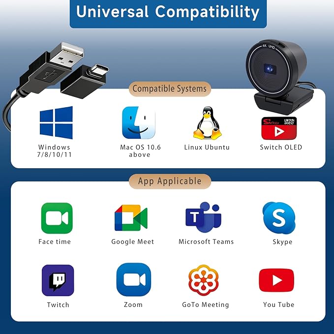 4K USB Webcam for PC with Speaker & Microphone, 85° Wide Angle Web Camera, Auto Focus, Dual Noise Cancelling Mics, Privacy Cover, Plug-and-Play for Desktop/Laptop