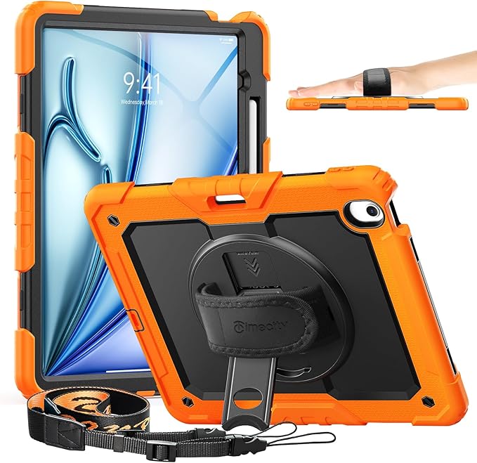 timecity for iPad Air 13 Inch Case M4 2026/ M3 2025/ M2 2024, 360° Rotating Stand, Pencil Holder & Wireless Charging, Shockproof with Screen Protector & Shoulder Strap - for Designers, Orange