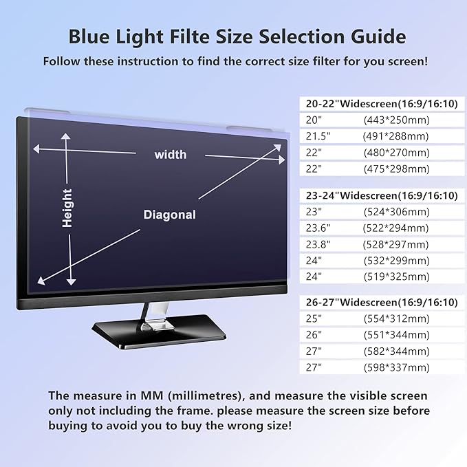 Anti Blue Light Screen Filter, Universal Blue Light Blocking Screen Protector Panel for 23, 23.6, 23.8, 24 inches Diagonal Desktop Computer LED PC Monitor- Widescreen Monitor Frame Hanging Type