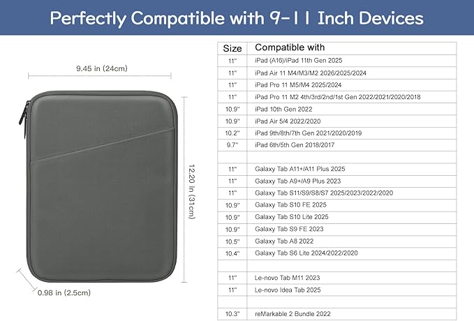 Dadanism 9-11" Tablet Sleeve Bag Carrying Case for iPad (A16) 11th Gen 11", iPad 10th Gen 10.9" Air 5/4, iPad Air M4/Pro 11", iPad 9/8/7th, Galaxy Tab A11+ Plus 11", Remarkable 2 10.3", Dark Gray