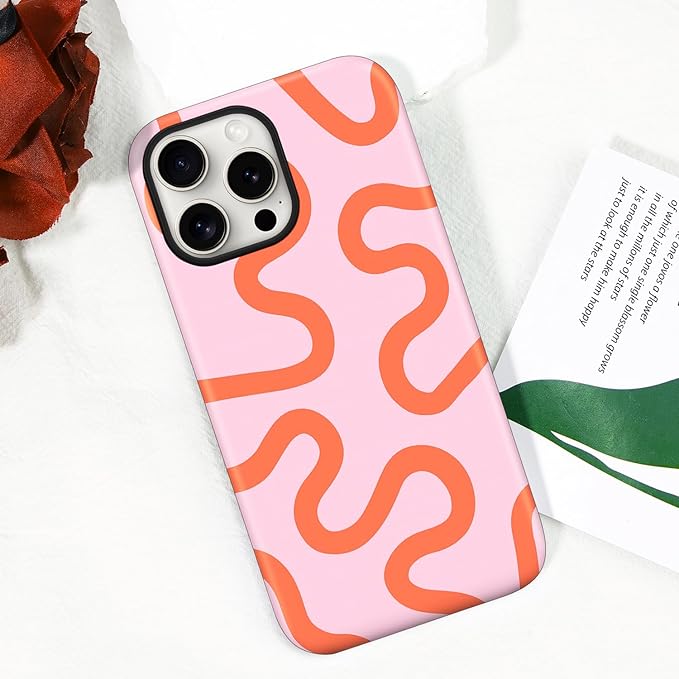 Magnetic for iPhone 16 Pro Max Case Cute Curved Stripes Phone Case, Shockproof Slim TPU and Hard PC Protective Phone Cover Compatible with MagSafe Designed for Women Girls,Pink