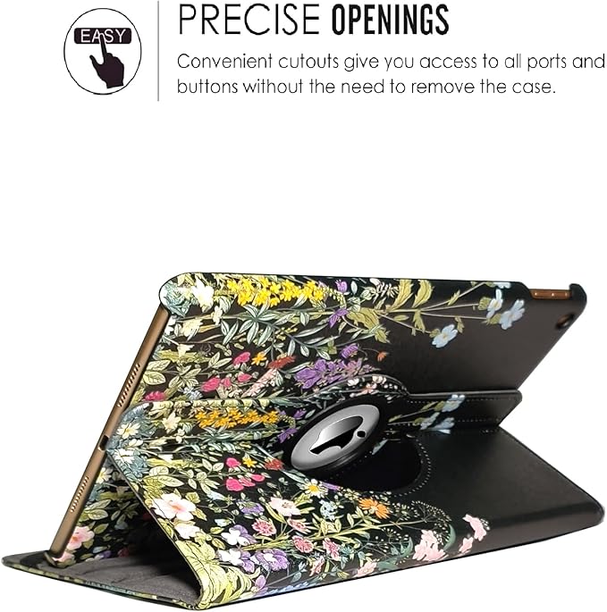 360 Rotating Stand Smart Case for iPad Air (3rd Gen) 10.5" & iPad Pro 10.5" - Auto Wake/Sleep Feature, Black Flowers