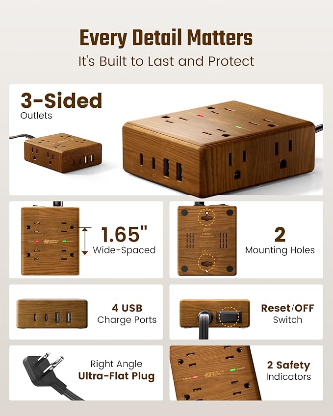 Brown Extension Cord 10Ft, Flat Plug Power Strip Surge Protector, 8 Outlets & 4 USB Ports (2 USB C), Desktop Charging Station Hidden Behind Furniture, Decorative Office Desk Accessories (Walnut Wood)