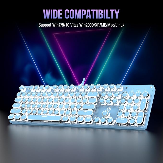 Typewriter Mechanical Gaming Keyboard with RGB Backlit Red Switches, 104 Keys Retro Round Keycap, Wired Typewriter Style Comfortable Typing Soud (Blue)