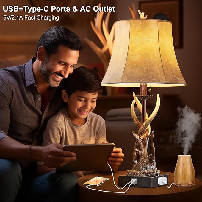 Antler Table Lamps Set of 2 with USB A+C Ports for Bedroom Farmhouse Deer Rustic Bedside Lamps with Faux Leather Bell Shade for Living Room End Table Hunting Themed Cabin Lamp Pull Chain