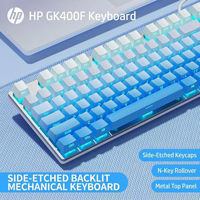 HP Wired Mechanical Gaming Keyboard GK400F, 104 Keys Full Size USB Keyboard, Brown Switches, Ice Blue LED Backlit, Anti-Ghosting, Durable Metal Panel, HP Keyboard for PC Gamer