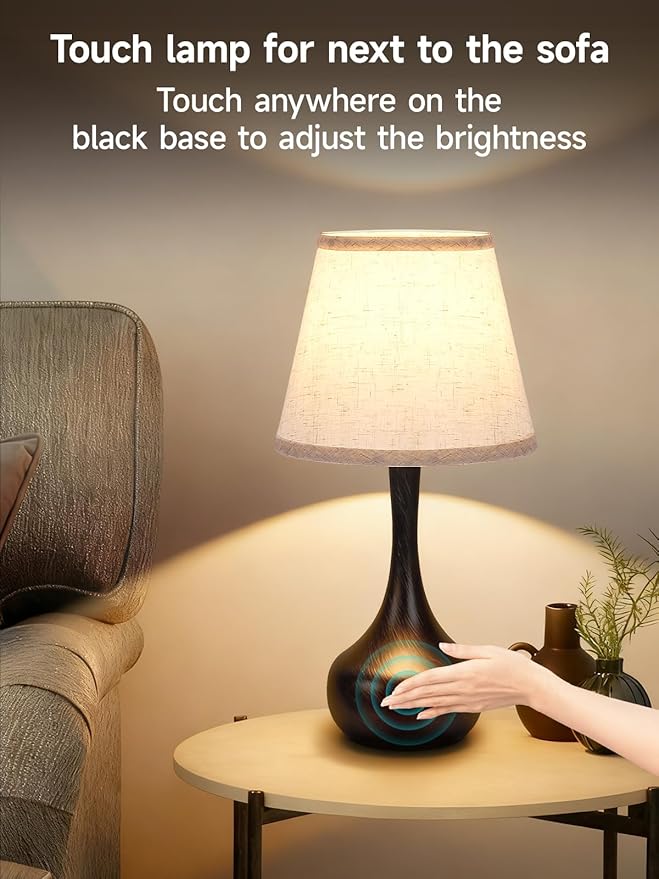 Touch Table Lamp for Bedroom Set of 2, Farmhouse 3-Way Dimmable Bedside Lamps for Nightstand with Fabric Shade, Lamps for Living Room，Desk Lamps for Home Office, Black Lamp for Bedroom