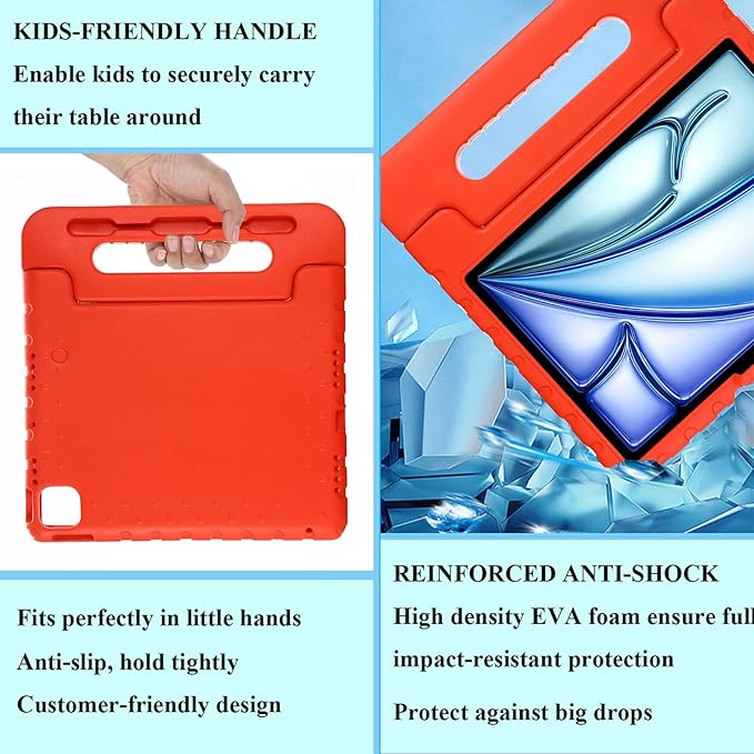 Kids Case for iPad Pro 11 inch M5/M4 (2025/2024) with Pencil Holder/Convertible Handle Stand Shockproof Slim Lightweight Cute Soft EVA Heavy Duty Rugged Kickstand Cover for Children, Red