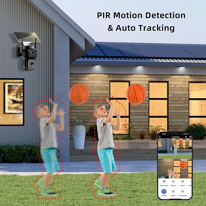 4K Solar Security Cameras Wireless Outdoor Battery Powered, 5GHz & 2.4GHz Dual Lens Bullet & 360° PTZ Outdoor Security Camera with Solar Panel, Digital Zoom, Night Vision,PIR Sensor (1Pack)