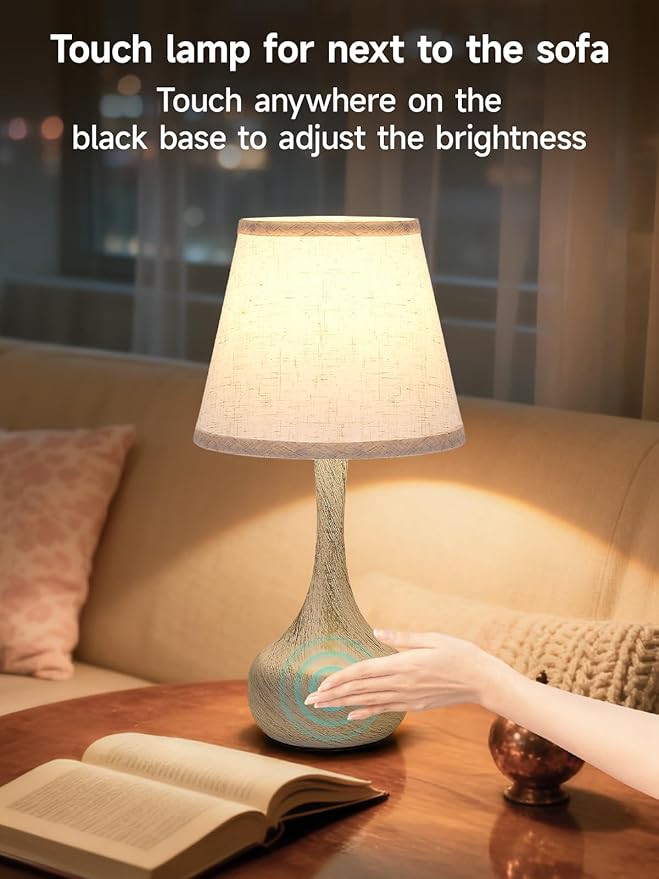 Touch Table Lamp for Bedroom Set of 2, Farmhouse 3-Way Dimmable Bedside Lamps for Nightstand with Fabric Shade
