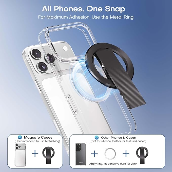 SINCEHOLY for MagSafe Phone Grip Ring, Magnetic Phone Holder with Silicone Finger Strap, 360° Rotating Dual-Axis Kickstand, N52 Magnetic Phone Stand Grip for Mag Safe iPhone 17/16/15/14/13/12, Black