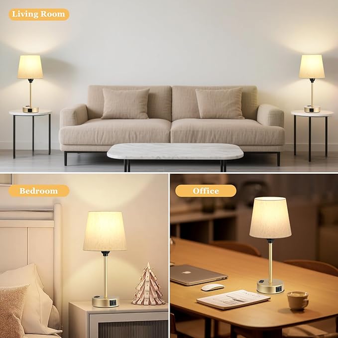 Lamp for bedrooms Set of 2 - Nightstand Bedroom Lamp with USB C Port and AC Outlet Charging, 3 Way Dimmable Touch Control Bed Side Table Lamp, Small Night Stand Light for Kids/Guest Room
