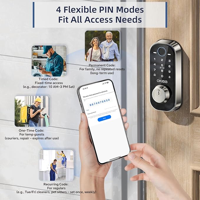 Fingerprint Door Lock for Front Door Built-in Wi-Fi OKIBB, Smart Keyless Entry Door Lock with APP Touchscreen Keypad Deadbolt, Emergency Power Port, One-Touch, IP54 Weatherproof, BHMA Grade 3