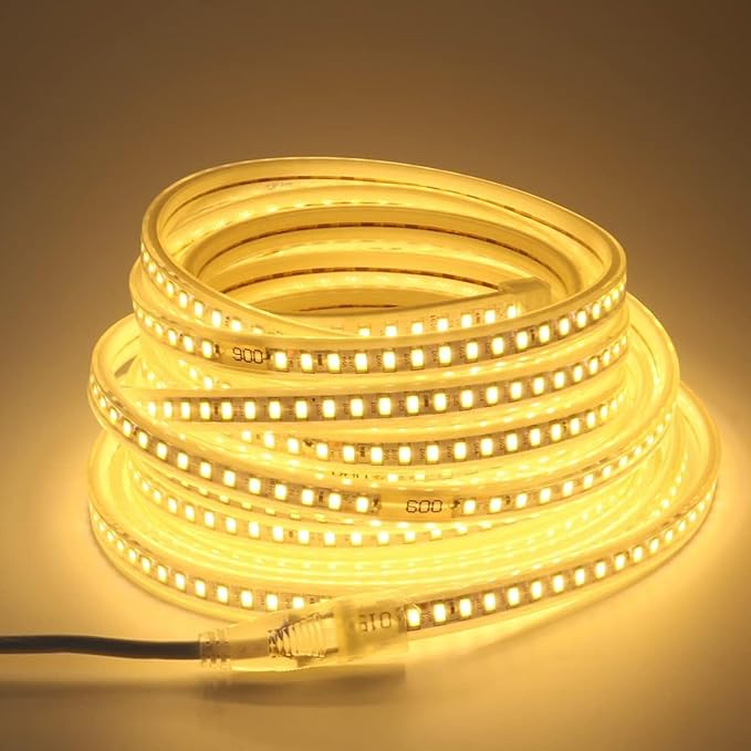 AC 110V LED Strip Light Warm White 82.02FT/25M 120LEDs/m Flexible LED Rope Lights Outdoor Waterproof for Under Cabinets Bookshelf Living Room Lighting 3000K