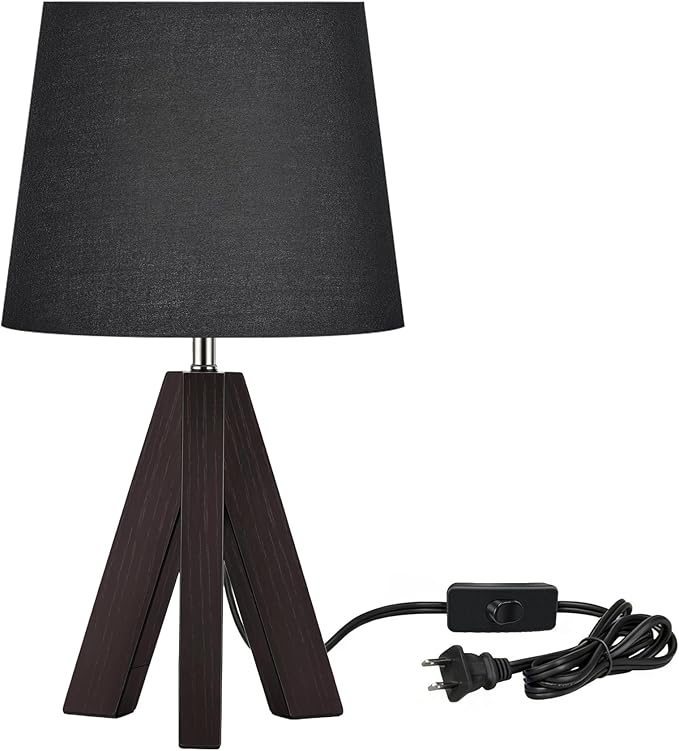 Tripod Table Lamp, 14.6" Small Bedside Lamp, Modern Nightstand Lamp with Black Shade & Dark Walnut Base, Boho Desk Lamp for Bedroom, Kids Room, Living Room, Study, E26 Socket, VB51TL05
