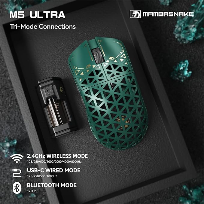 MAMBASNAKE M5 Ultra Carbon Fiber 8KHz Wireless Gaming Mouse,PAW3950MAX Sensor 42K DPI,39g Superlight Tri-Mode 2.4GHz/BT/Wired Computer Mice,Web Driver Support,for Win/Mac/FPS/MOBA/Esports-Green (A)