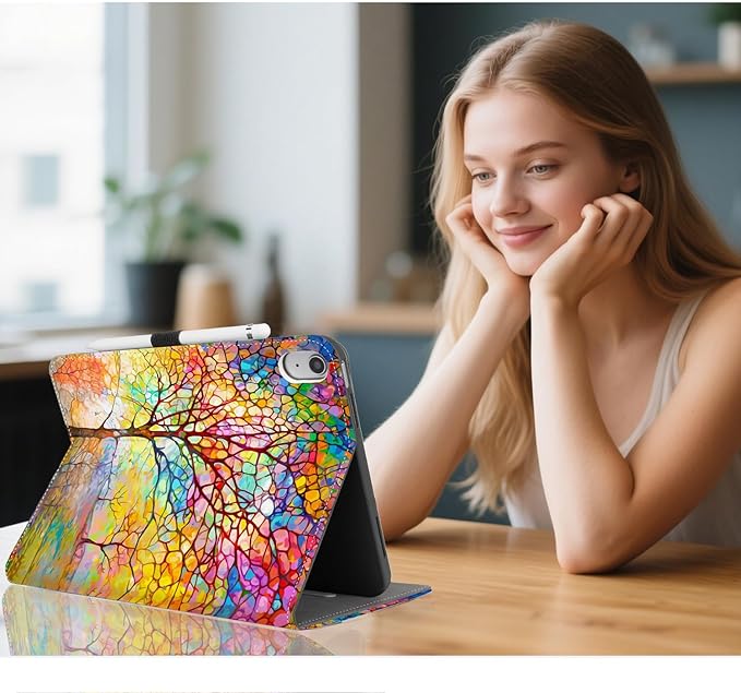 for iPad (A16) 11Th/10Th Generation Case 2025/2022, for iPad Case 11Th/10Th Generation, for iPad 10Th/11Th Gen Cases Pencil Holder/Hand Strap/Pocket/Adjustable Stand, Colorful Tree of Life