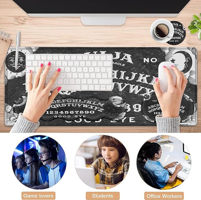 Gaming Mouse Pad XXL Large Desk Mat Ouija Board Witch Extended Mousepad Non-Slip Rubber Mice Pads Stitched Edges(31.5x11.8 In)Ergonomic Premium Memory Foam Keyboard Wrist Rest and Black Mouse Pad Set