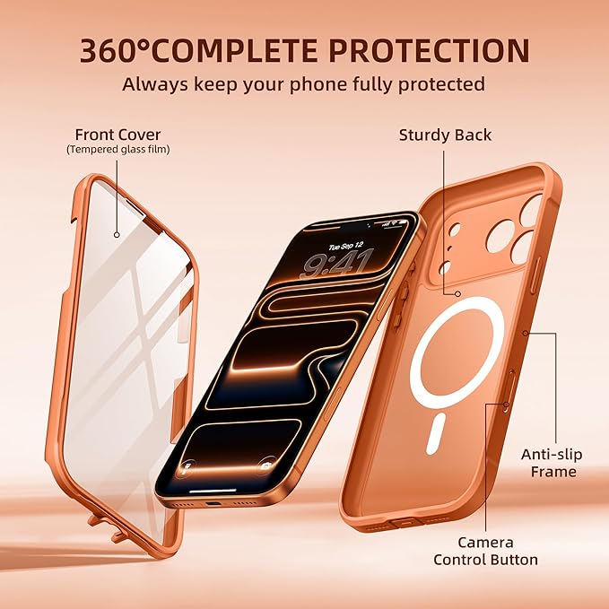 BERFY for iPhone 17 Pro Max Case, Compatible with MagSafe, Built-in Glass Screen Protector, Camera Protection, Shockproof Full Body Phone case 6.9", Translucent Cosmic Orange