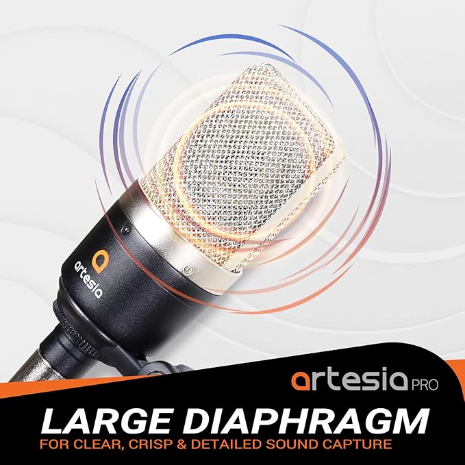 Artesia AMC-10 Condenser Microphone with Desktop Stand & 8ft XLR Cable Output, Professional Cardioid Studio Mic with Shock Mount & Pop Filter for Vocal Recording, Podcasting, Music Production