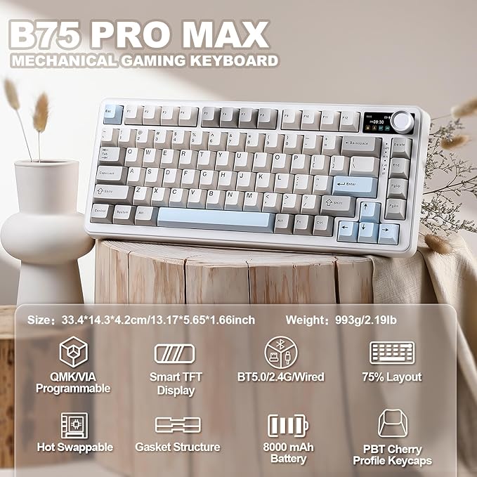 YUNZII B75 PRO MAX QMK/VIA Wireless Mechanical Keyboard,75% Layout with Screen and Knob,Custom Hot Swap Gasket,Creamy Pre-lubed Switches,Bluetooth/Type-C/2.4G for Win/Mac (Beige,Cocoa Cream V2 Switch)