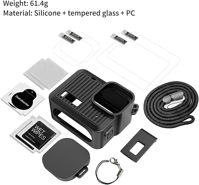 Accessories Kit Compatible with Go Pro Hero 4K Action Camera Including Silicone Protective Case Tempered Glass Protective Film Lens Cap Lanyard and Battery Side Cover for GoPro Hero