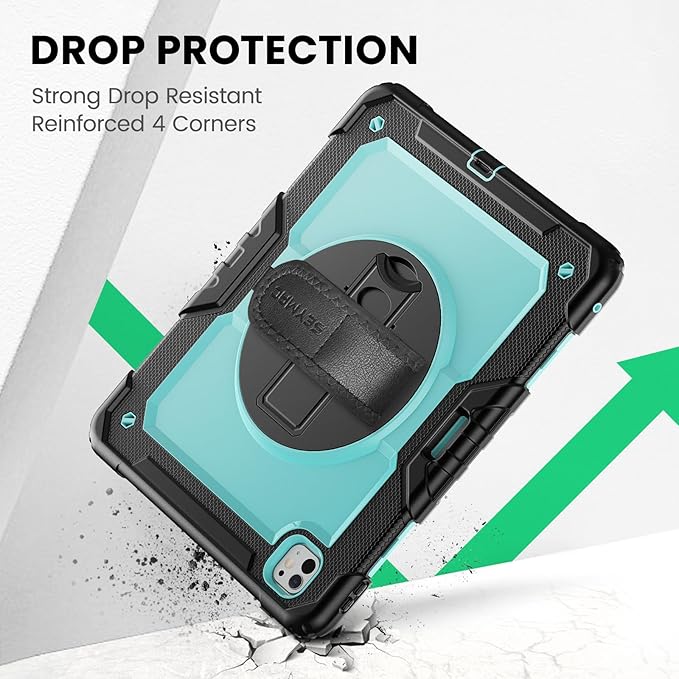 SEYMAC Case for iPad Pro 13 Inch M5 2025 / M4 2024, Heavy Duty Shockproof Protective Case with Screen Protector, 360° Rotating Stand, Hand/Shoulder Strap and Pen Holder, Light Blue