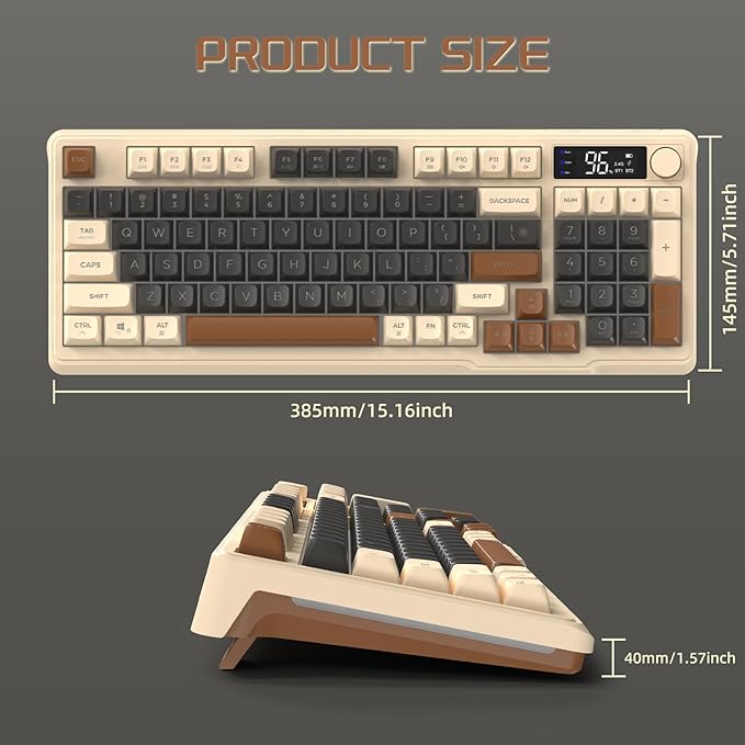 ZIYOU LANG M96 Wireless Gaming Silent Membrane Keyboard,Display Screen & Knob with Multimedia Keys Dual Mode Bluetooth/2.4Ghz,Rainbow Backlight 94Keys Ball Shape PBT Keycap ANSI Layout for Win/Mac
