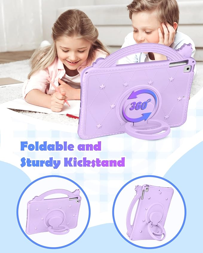 Wazzasoft iPad Case for 6th/5th Generation (2018/2017), Air 1st/2nd Gen, Pro 9.7 (2016) - Girls Cute Cartoon Girly Kawaii Design Silicone Cover With Rotating Stand & Strap
