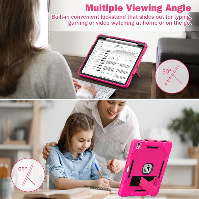 Grifobes Case for iPad Air 11-inch (M4/M3/M2) 2026/2025/2024, for iPad Air 5th/4th Generation 2022/2020 10.9", Heavy Duty Rugged Cover with Stand/Pencil Holder for i Pad Air 5 4 Gen(Hot Pink)