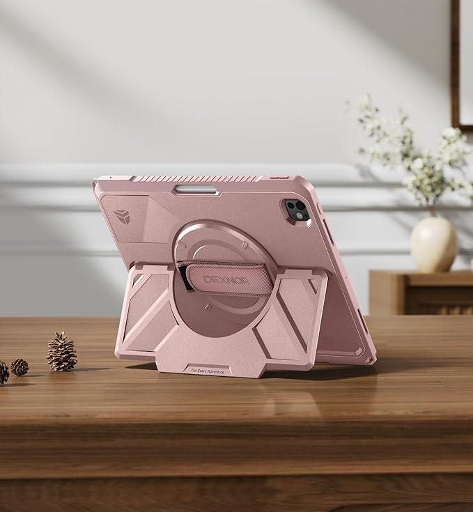 Dexnor for iPad Pro 13 inch Case M5 2025/M4 2024, Rugged Protective Case with 360° Rotating Hand Strap & Large Steady Stand & Screen Protector & Pencil Holder Shockproof Full-Body Bumper Cover,Pink
